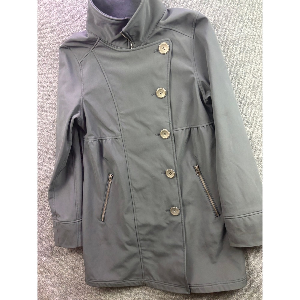 Prana Softshell Jacket Women Medium Gray Asymmetrical Button Zip Fleece Coat